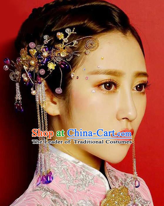 Chinese Handmade Classical Wedding Hair Accessories Ancient Tassel Hairpins and Earrings for Women