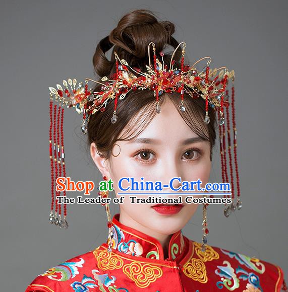 Chinese Handmade Classical Hair Accessories Ancient Palace Red Tassel Phoenix Coronet Hairpins for Women