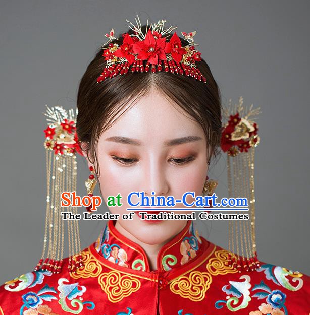 Chinese Handmade Classical Hair Accessories Ancient Palace Red Tassel Phoenix Coronet Hairpins for Women