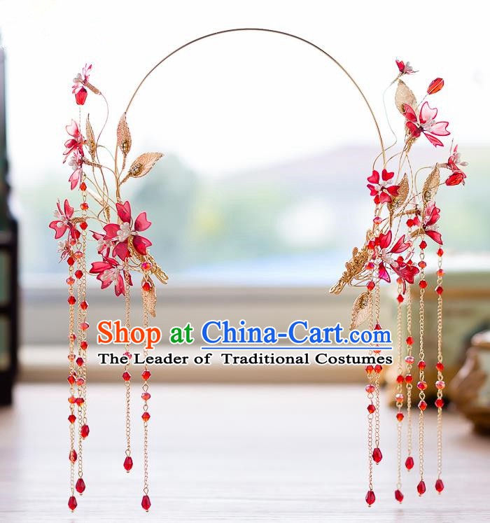 Handmade Classical Wedding Hair Accessories Bride Red Flowers Tassel Hair Clasp Headwear for Women