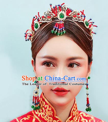 Chinese Handmade Classical Hair Accessories Ancient Red Phoenix Coronet Tassel Hairpins for Women