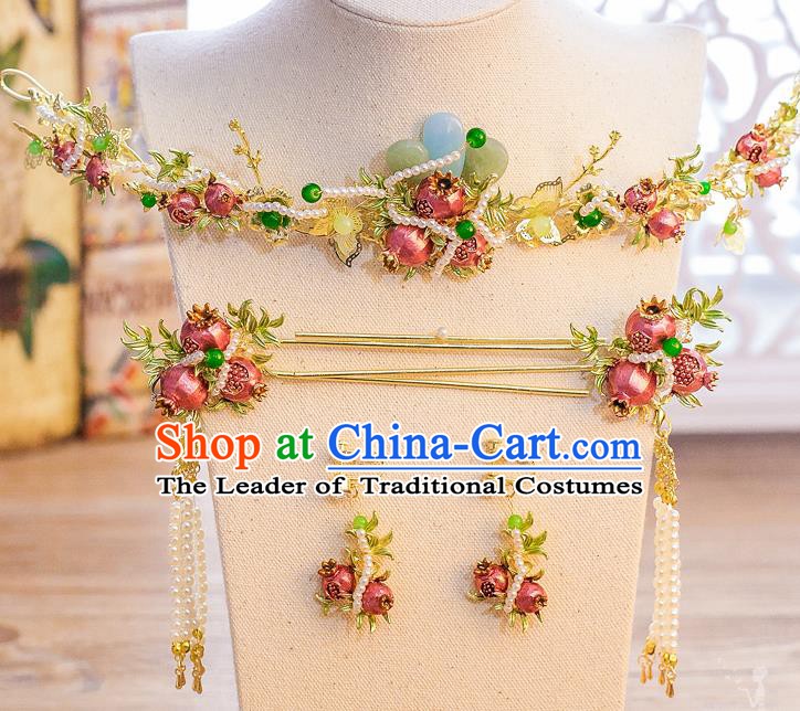 Chinese Handmade Classical Hair Accessories Ancient Bride Pomegranate Hair Clasp Tassel Hairpins for Women