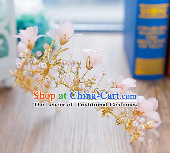 Handmade Classical Hair Accessories Baroque Pink Flowers Royal Crown Headwear for Women