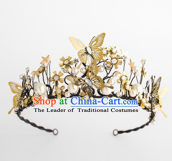 Handmade Classical Hair Accessories Baroque Bride Golden Butterfly Pearls Royal Crown Headwear for Women