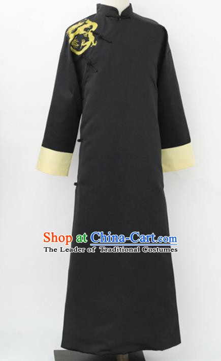 Traditional Republic of China Nobility Childe Costume, Chinese Cross Talke Clothing Black Long Robe for Men