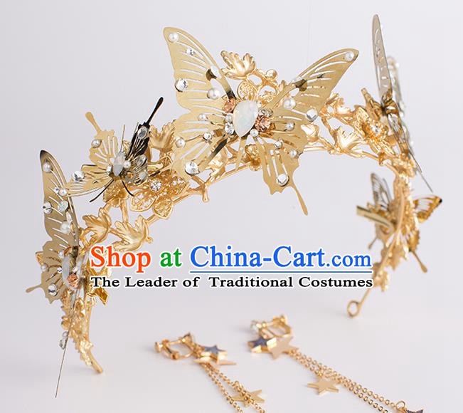 Handmade Classical Hair Accessories Baroque Bride Golden Butterfly Royal Crown Headwear for Women