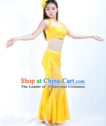 Indian National Belly Dance Yellow Lace Suits Bollywood Oriental Dance Costume for Women