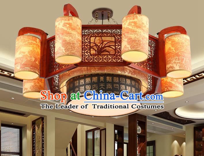 Traditional Chinese Wood Orchid Palace Lanterns Handmade Eight-Lights Lantern Ancient Ceiling Lamp