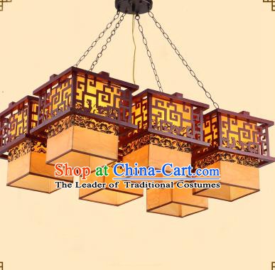 Traditional Chinese Six-Lights Palace Lanterns Handmade Wood Hanging Lantern Ancient Ceiling Lamp