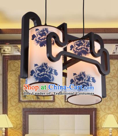 Traditional Chinese Painting Peony Two-Lights Ceiling Palace Lanterns Handmade Wood Hanging Lantern Ancient Lamp