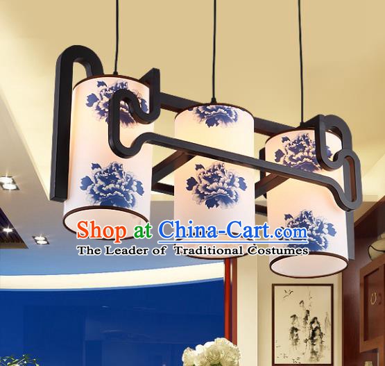 Traditional Chinese Painting Peony Three-Lights Ceiling Palace Lanterns Handmade Wood Hanging Lantern Ancient Lamp