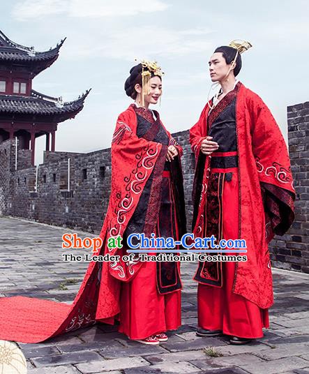 Chinese Han Dynasty Wedding Costume Ancient Emperor and Empress Embroidered Clothing Complete Set