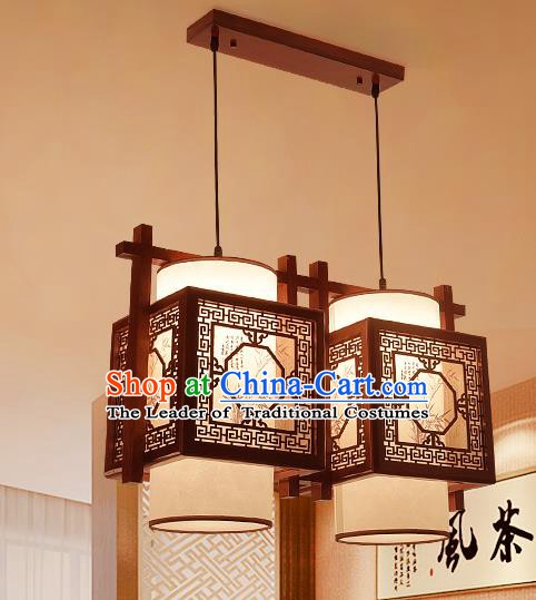 Traditional Asian Wood Carving Lanterns Handmade Two-Lights Ceiling Lantern Ancient Hanging Lamp