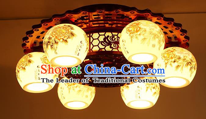 Traditional Chinese Handmade Six-Lights Lantern Wood Carving Lantern Ancient Palace Ceiling Lanterns