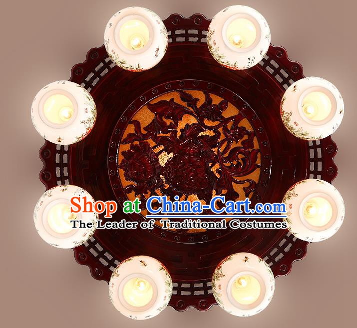 Traditional Chinese Handmade Eight-Lights Lantern Wood Carving Lantern Ancient Palace Ceiling Lanterns