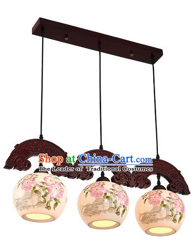 Traditional Chinese Handmade Three-Lights Hanging Lantern Wood Painting Peony Lantern Ancient Palace Ceiling Lanterns