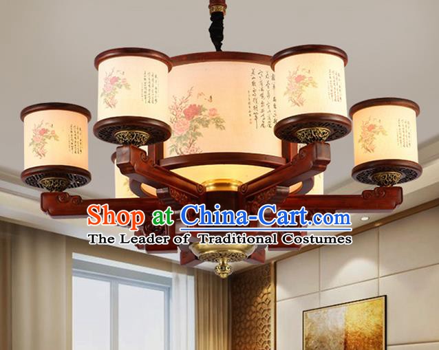 Traditional Chinese Handmade Painting Flowers Wood Lantern Six-Lights Palace Lantern Ancient Ceiling Lanterns