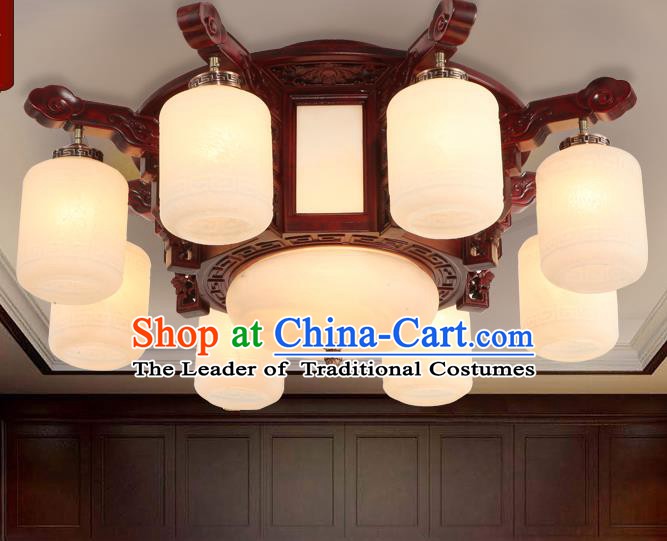 Traditional Chinese Handmade Eight-Lights Ceiling Lantern Rosewood Marble Palace Lanterns Ancient Lamp