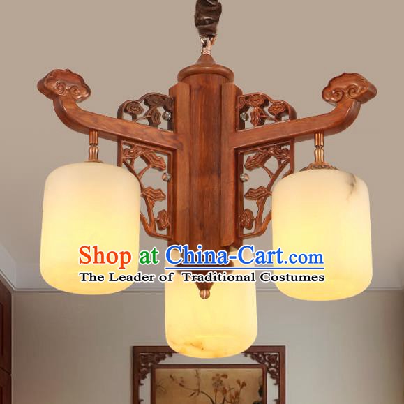 Traditional Chinese Handmade Marble Hanging Lantern Rosewood Three-Lights Palace Lanterns Ancient Lamp