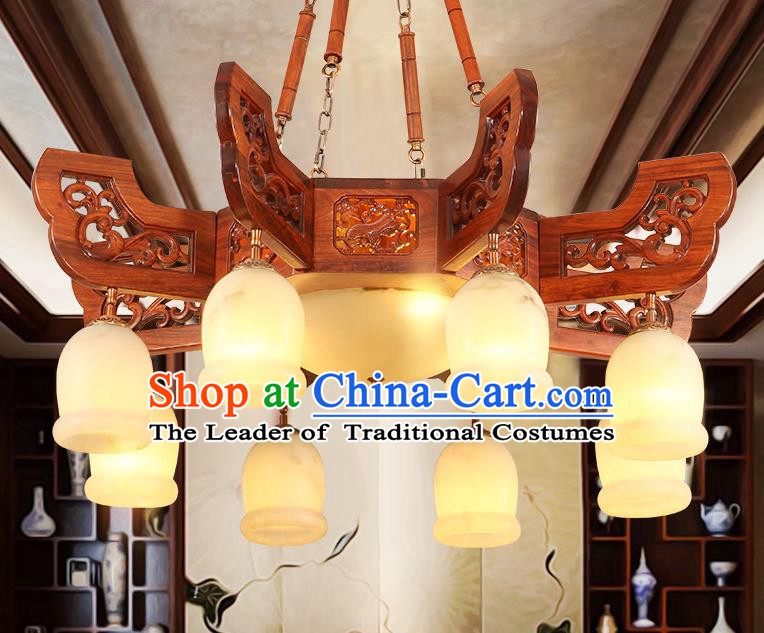 Traditional Chinese Handmade Wood Marble Ceiling Lantern Eight-Lights Palace Lanterns Ancient Lamp