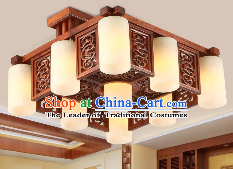 Traditional Chinese Handmade Marble Ceiling Lantern Wood Carving Nine-Lights Palace Lanterns Ancient Lamp