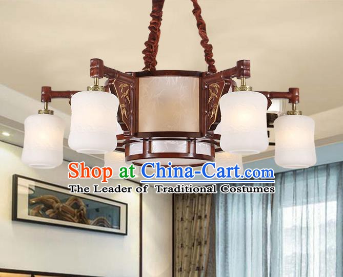 Traditional Chinese Wood Palace Lantern Handmade Six-Lights Ceiling Lanterns Ancient Lamp