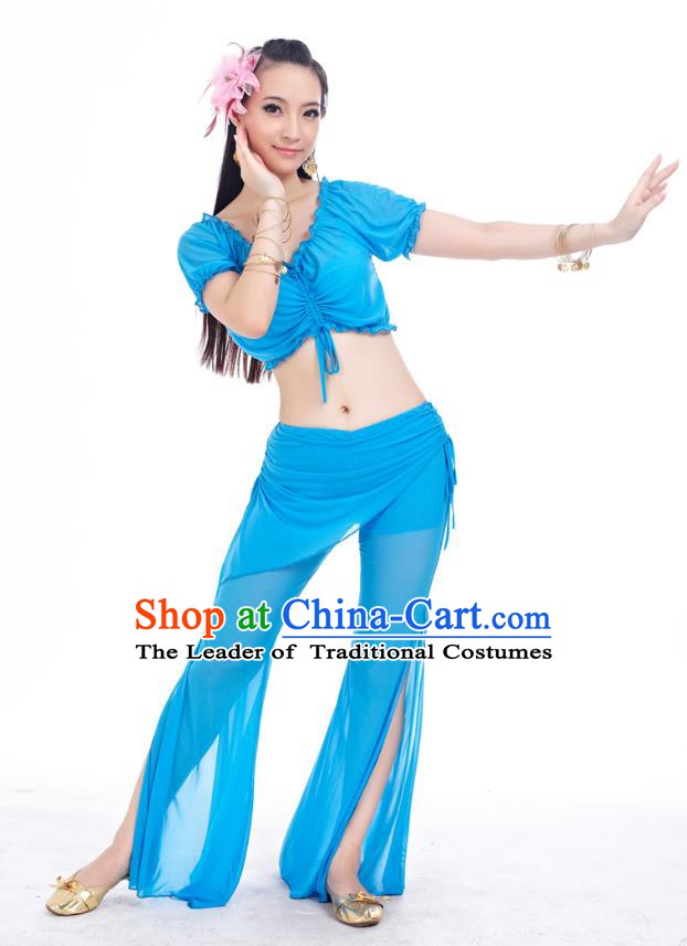 Indian Traditional Belly Dance Blue Costume India Oriental Dance Clothing for Women