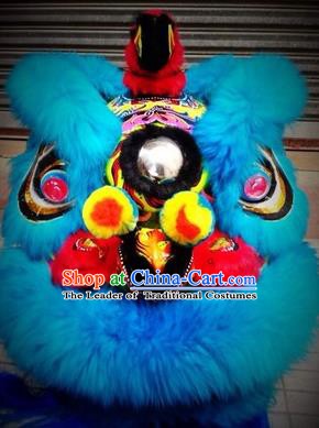 Chinese Traditional Professional Blue Wool Lion Dance Costumes Celebration and Parade Lion Head Complete Set