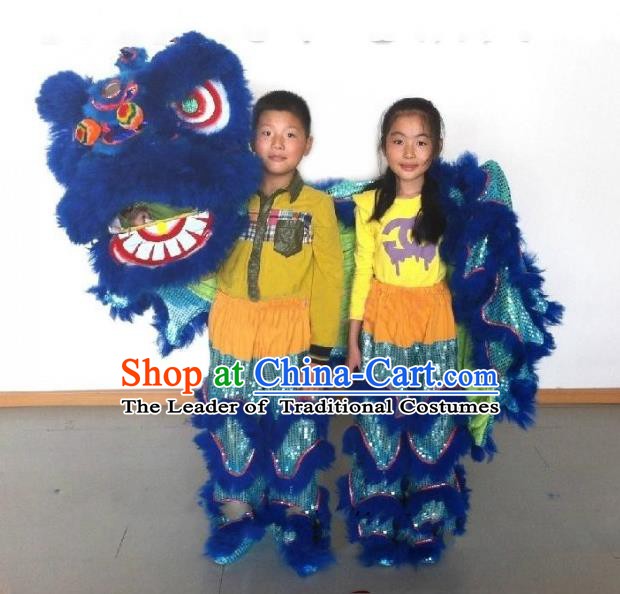 Chinese Traditional Children Lion Dance Costumes Professional Celebration Parade Blue Wool Lion Head Complete Set