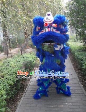 Chinese Traditional Blue Wool Lion Dance Costumes Professional Celebration Parade Lion Head Complete Set