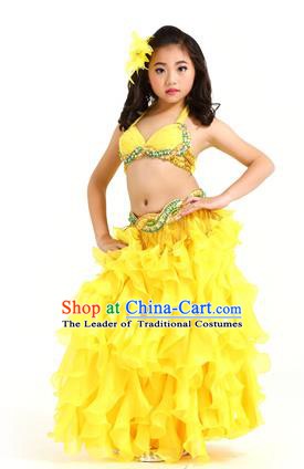 Traditional Indian Belly Dance Yellow Dress Asian India Oriental Dance Costume for Kids