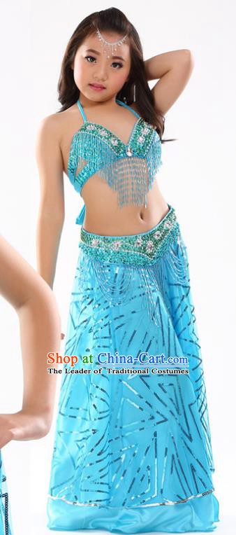 Traditional Indian Children Oriental Dance Blue Dress Belly Dance Costume for Kids