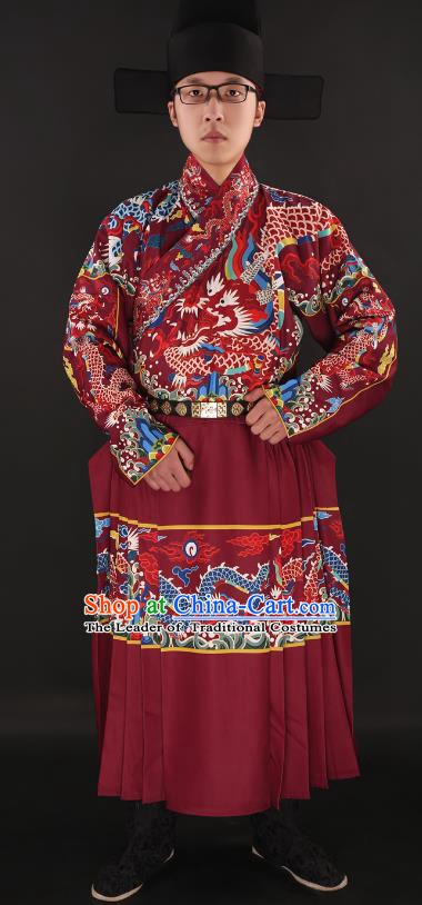 Chinese Ming Dynasty Imperial Guards Costumes Ancient Swordsman Embroidered Red Robe for Men