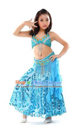 Top Indian Belly Dance Blue Dress India Traditional Oriental Dance Performance Costume for Kids