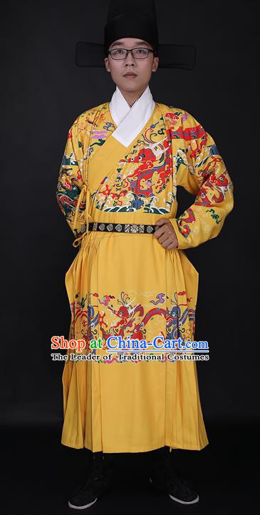 Chinese Ancient Imperial Bodyguard Yellow Robe Costume Ming Dynasty Swordsman Clothing for Men