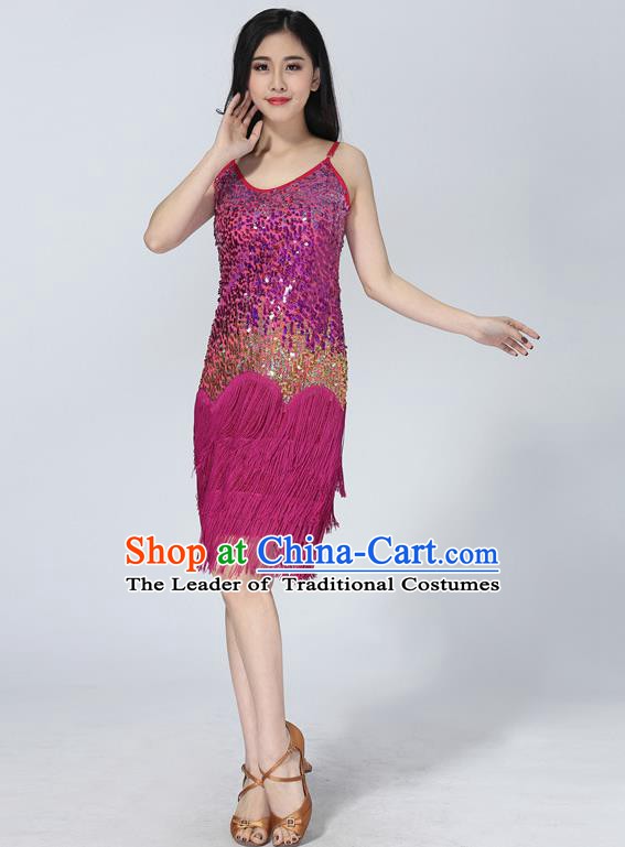 Professional Latin Dance Sequin Rosy Dress Ballroom Dance Modern Dance Clothing for Women