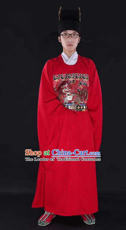 Chinese Ancient Wedding Costume Chancellor Kylin Red Robe Ming Dynasty Minister Clothing for Men