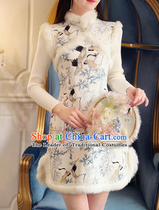 Chinese National Tangsuit Printing Crane Qipao Dress Cheongsam Vests Clothing for Women