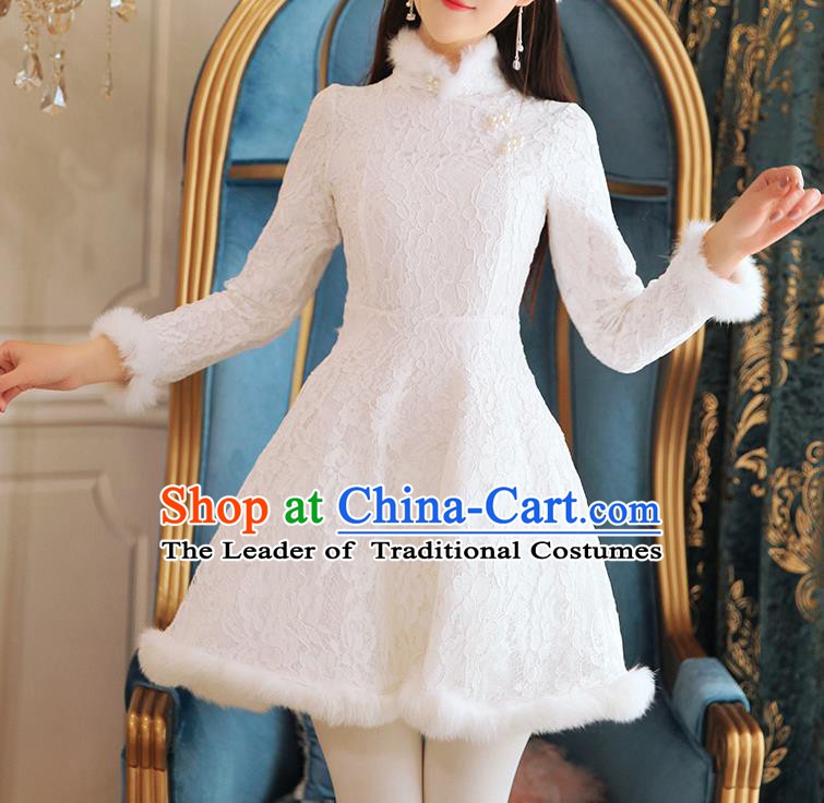 Traditional Chinese National White Lace Dress Tangsuit Cheongsam Clothing for Women