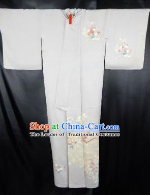 Japan Traditional Kimonos Costume Printing Grey Yukata Dress Japanese Furisode Kimono for Women