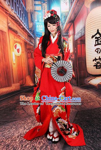 Traditional Asian Japan Wedding Costume Japanese Apparel Red Yukata Dress Furisode Kimono for Women