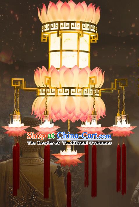 Traditional Chinese Ancient Palace Lantern Buddhist Lotus Ceiling Lamp Temple Brass Lanern