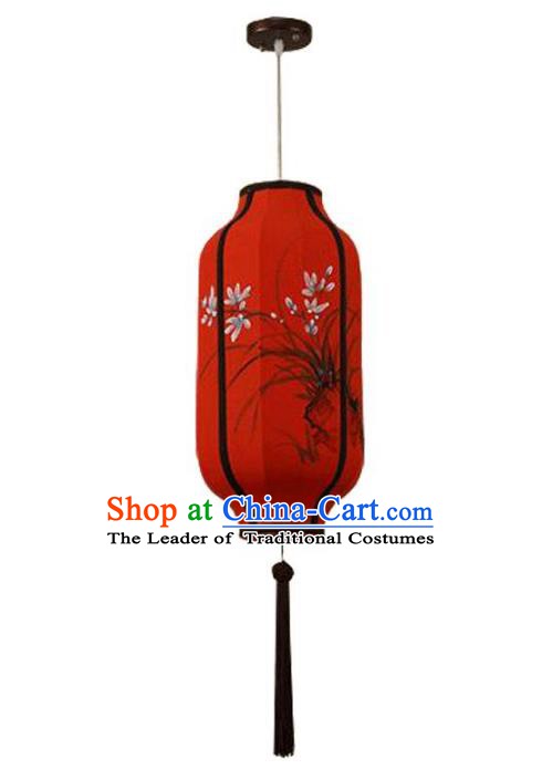 Traditional China Handmade Red Lantern Ancient Ink Painting Orchid Hanging Lanterns Palace Ceiling Lamp