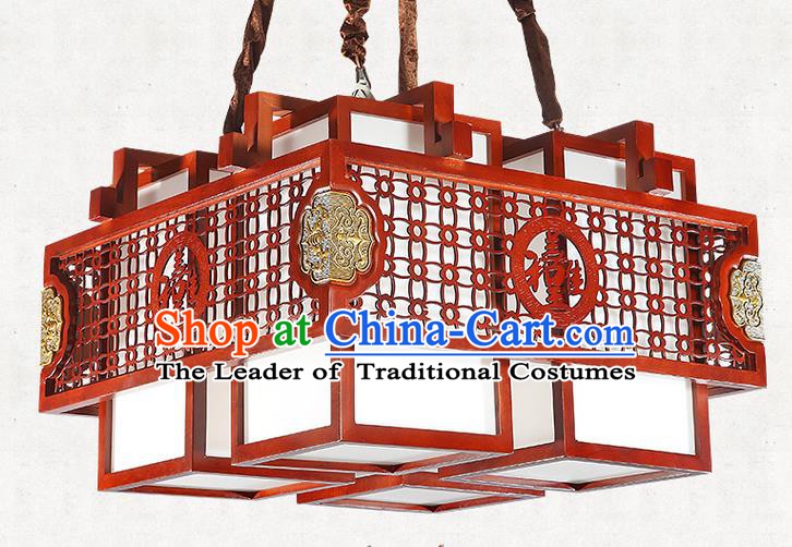 China Handmade Wood Ceiling Lantern Traditional Ancient Four-Lights Hanging Lamp Palace Lanterns