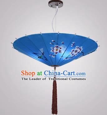 Chinese Classical Handmade Printing Umbrella Palace Lanterns Traditional Blue Hanging Lantern Ancient Ceiling Lamp