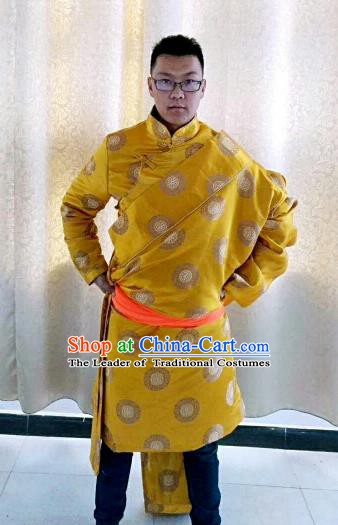 Traditional Chinese Zang Nationality Costume, Tibetan Ethnic Minority Kang-pa Yellow Tibetan Robe for Men