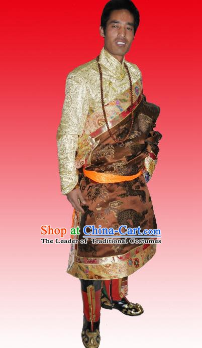 Traditional Chinese Zang Nationality Costume, Tibetan Ethnic Minority Brown Tibetan Robe for Men