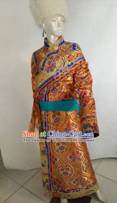 Chinese Tibetan Nationality Costume Golden Tibetan Robe, Traditional Zang Ethnic Minority Clothing for Women