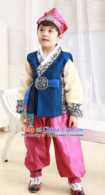 Korean Traditional Hanbok Clothing Korean Boys Hanbok Costumes Blue Shirt and Pink Pants for Kids