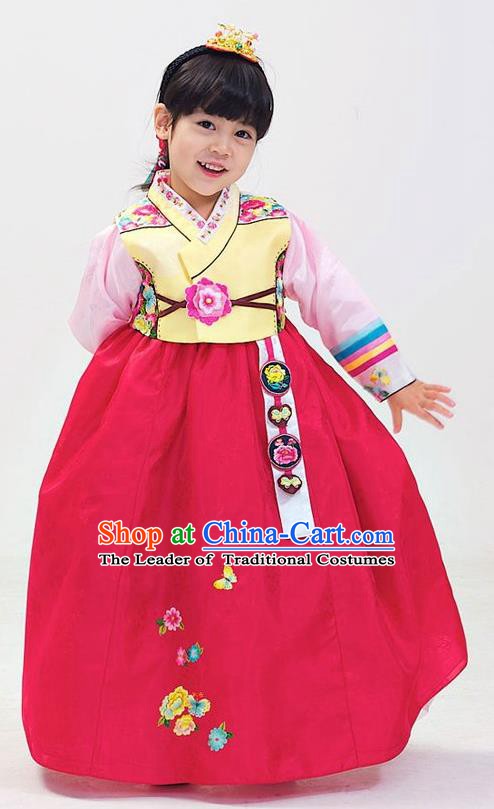 Korean Traditional Hanbok Korea Children Yellow Blouse and Rosy Dress Fashion Apparel Hanbok Costumes for Kids